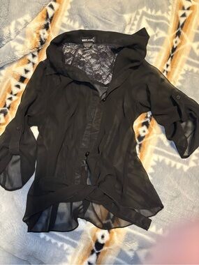 Wet Seal Black Sheer Lace-Back Button Down Blouse